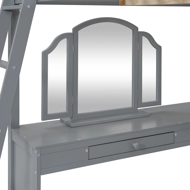 Full Wooden Loft Bed with U-shaped Desk,Storage Compartments and Tri-fold Mirror