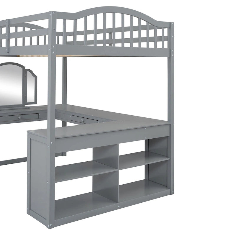 Full Wooden Loft Bed with U-shaped Desk,Storage Compartments and Tri-fold Mirror
