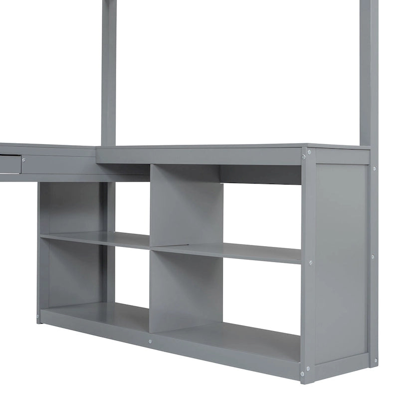 Full Wooden Loft Bed with U-shaped Desk,Storage Compartments and Tri-fold Mirror