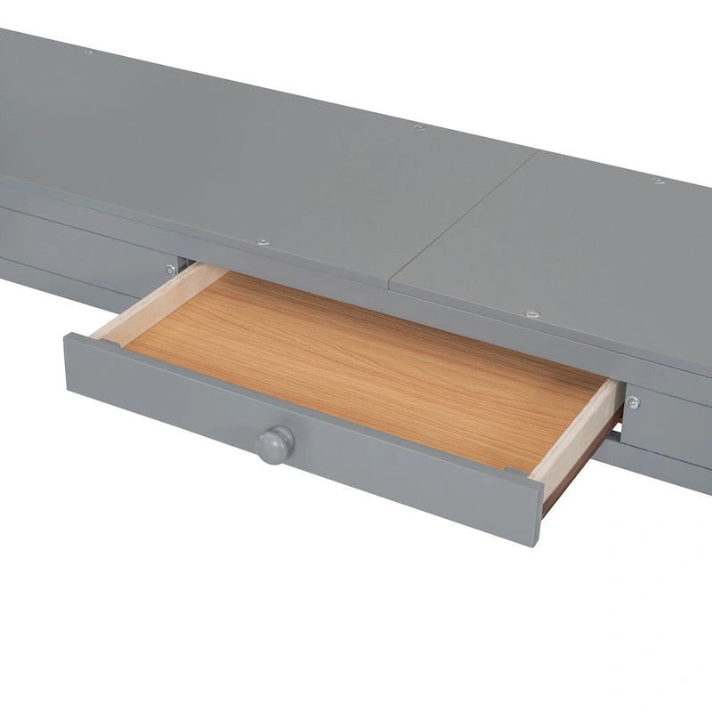 Full Wooden Loft Bed with U-shaped Desk,Storage Compartments and Tri-fold Mirror