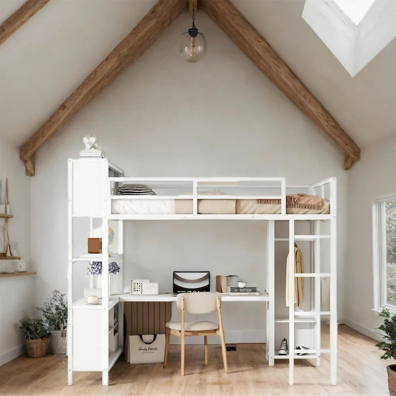 Full Size Metal Loft Bed with Wardrobe and L-shaped Desk and Shelves