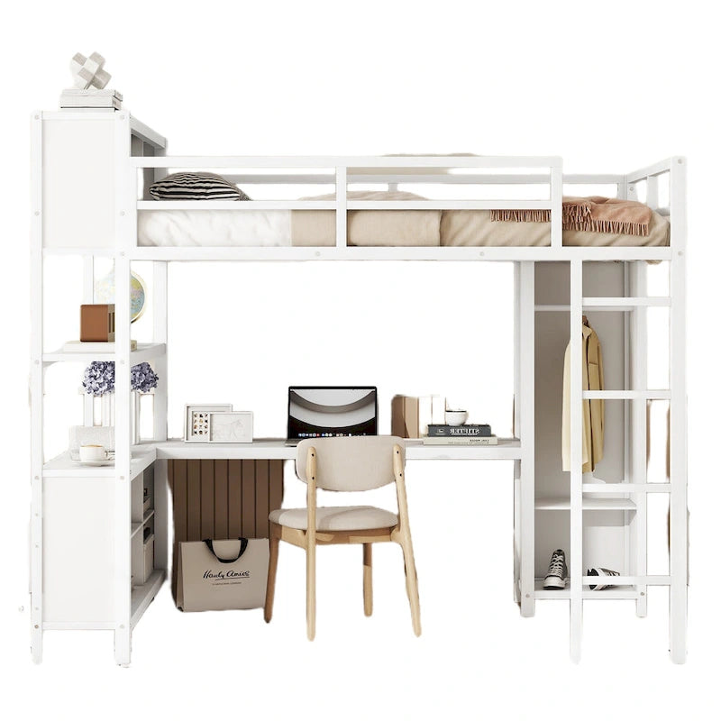 Full Size Metal Loft Bed with Wardrobe and L-shaped Desk and Shelves