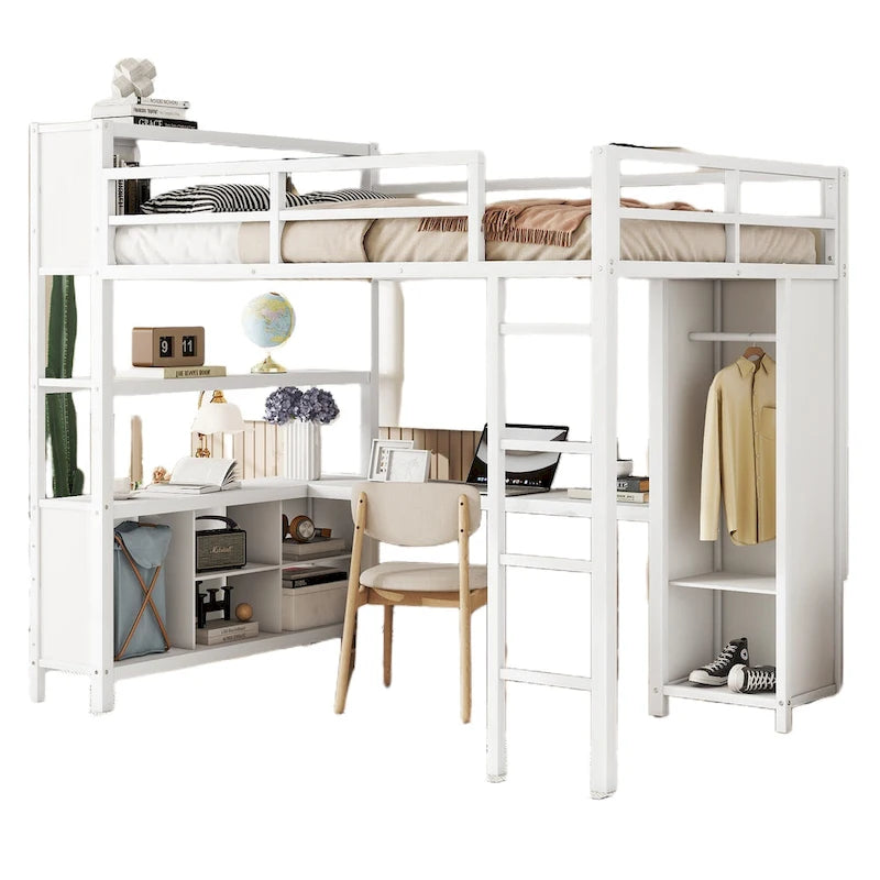 Full Size Metal Loft Bed with Wardrobe and L-shaped Desk and Shelves