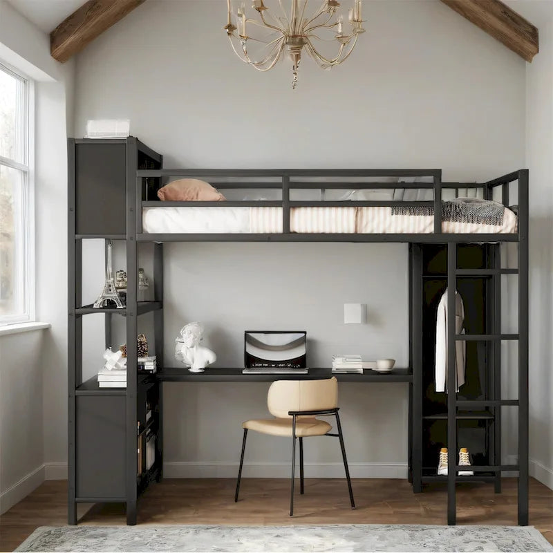 Full Size Metal Loft Bed with Wardrobe and L-shaped Desk and Shelves