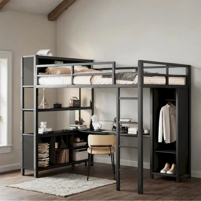 Full Size Metal Loft Bed with Wardrobe and L-shaped Desk and Shelves