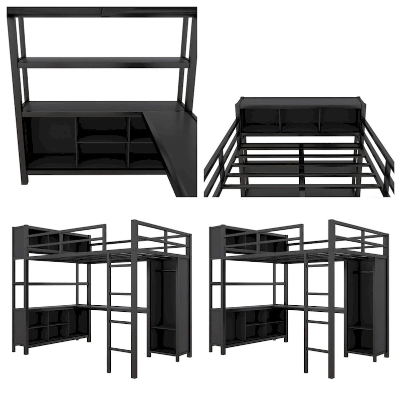 Full Size Metal Loft Bed with Wardrobe and L-shaped Desk and Shelves