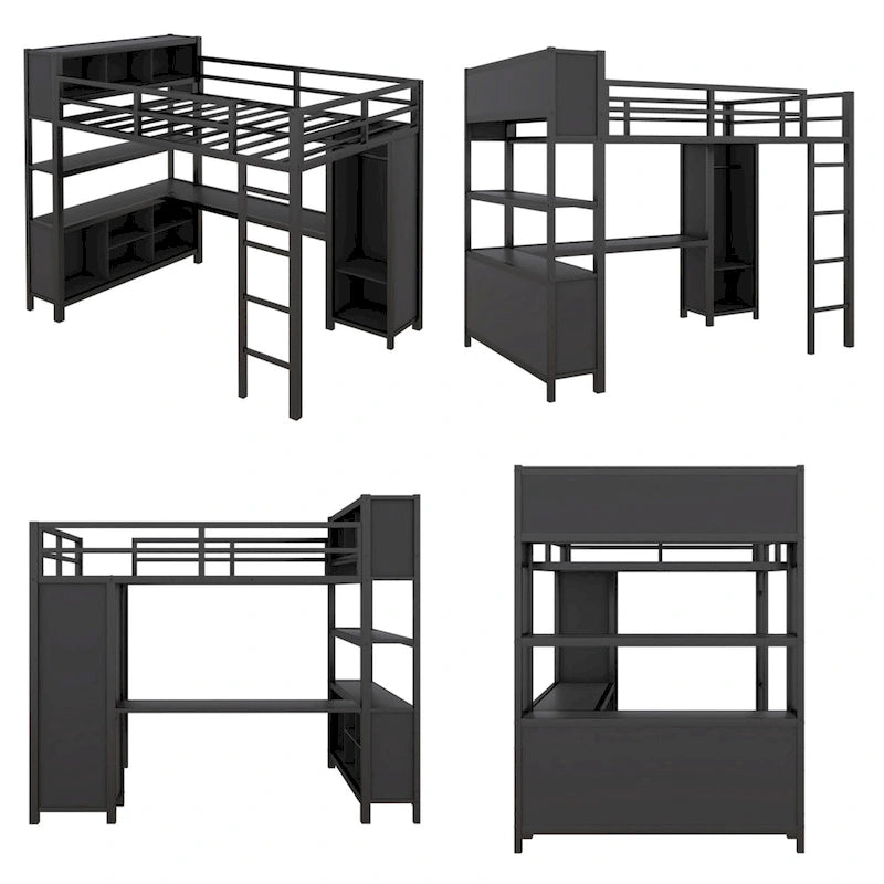 Full Size Metal Loft Bed with Wardrobe and L-shaped Desk and Shelves