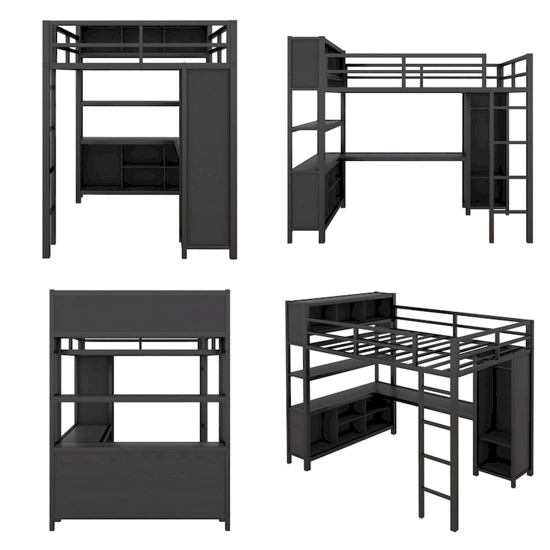 Full Size Metal Loft Bed with Wardrobe and L-shaped Desk and Shelves