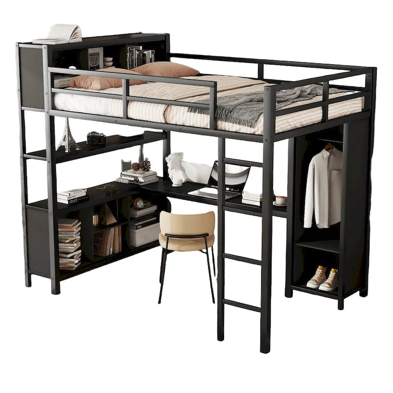 Full Size Metal Loft Bed with Wardrobe and L-shaped Desk and Shelves