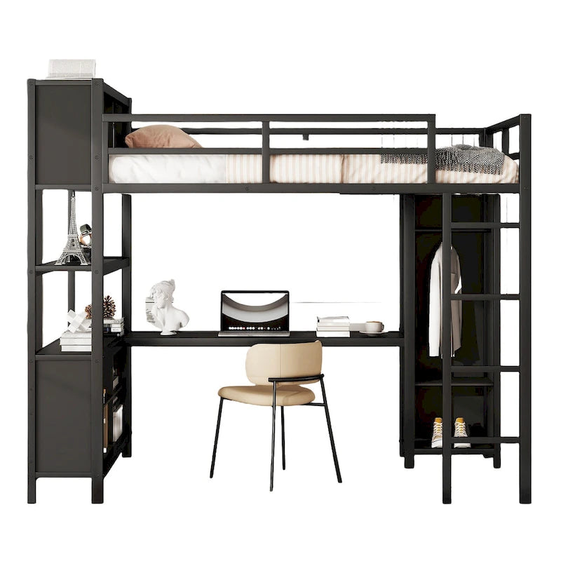 Full Size Metal Loft Bed with Wardrobe and L-shaped Desk and Shelves