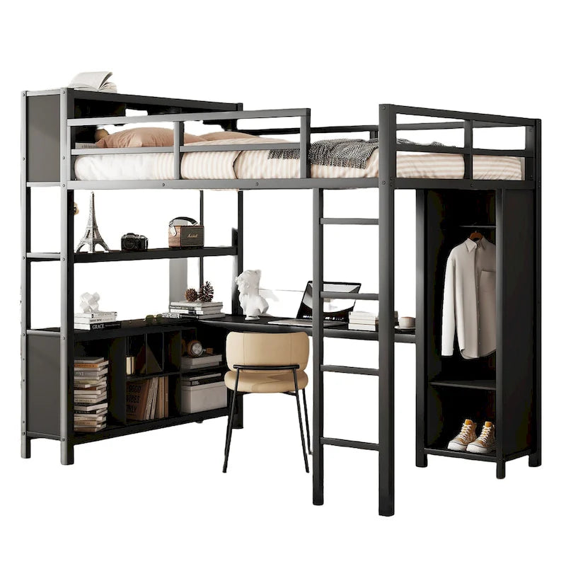 Full Size Metal Loft Bed with Wardrobe and L-shaped Desk and Shelves