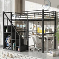 Metal Loft Bed with Storage Staircase and Small Wardrobe, Twin Size Loft Bedframe with Metal Grid and Guardrails for Kids