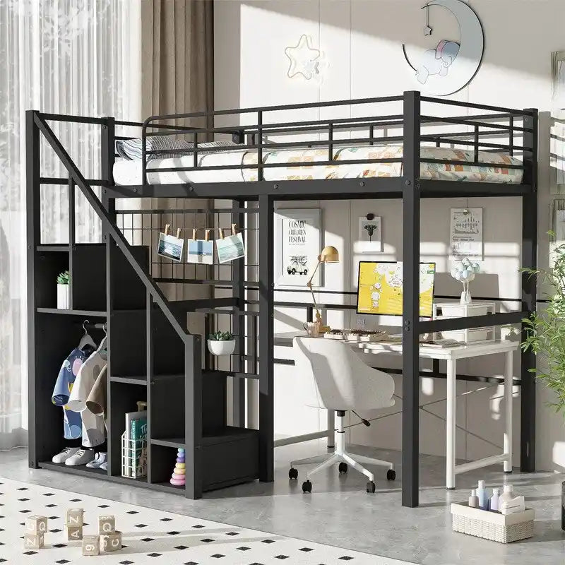 Metal Loft Bed with Storage Staircase and Small Wardrobe, Twin Size Loft Bedframe with Metal Grid and Guardrails for Kids