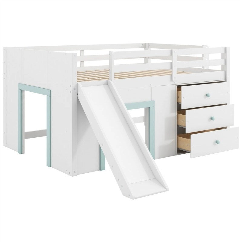 Full Size Low Loft Bed with Slide and 3 Storage Drawers, Solid Wood Loft Bedframe with 2 Doors, Ladder and Guardrails