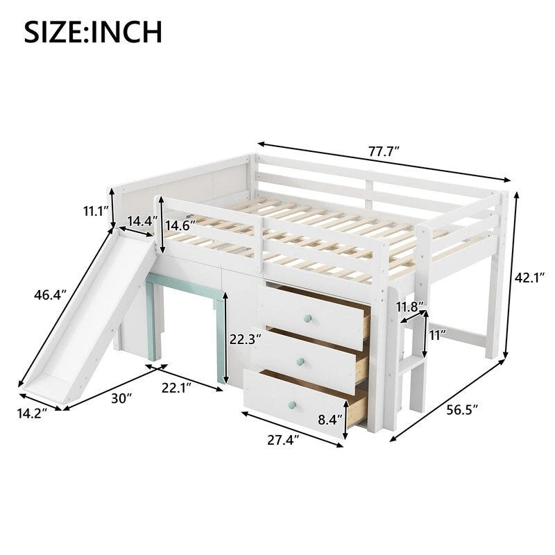 Full Size Low Loft Bed with Slide and 3 Storage Drawers, Solid Wood Loft Bedframe with 2 Doors, Ladder and Guardrails