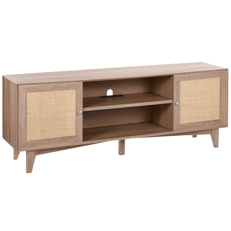 Rattan TV Stand, Mid Century Modern TV Stand, Boho Rattan TV Cabinet with Build-in Socket and USB Ports, Adjustable Shelfs