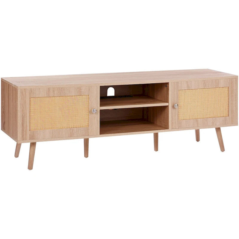 Rattan TV Stand, Mid Century Modern TV Stand, Boho Rattan TV Cabinet with Build-in Socket and USB Ports, Adjustable Shelfs