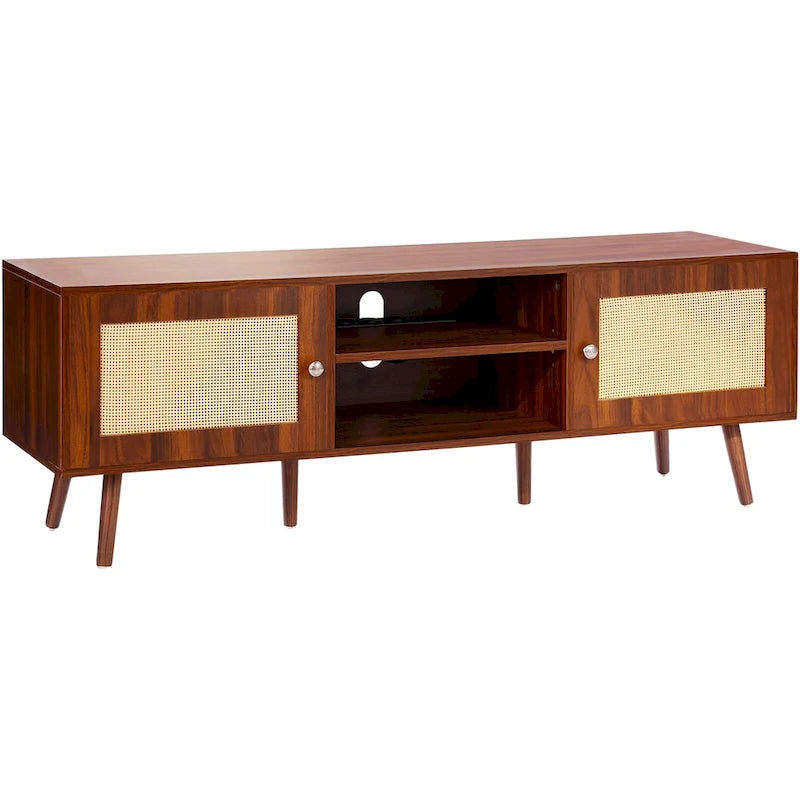 Rattan TV Stand, Mid Century Modern TV Stand, Boho Rattan TV Cabinet with Build-in Socket and USB Ports, Adjustable Shelfs