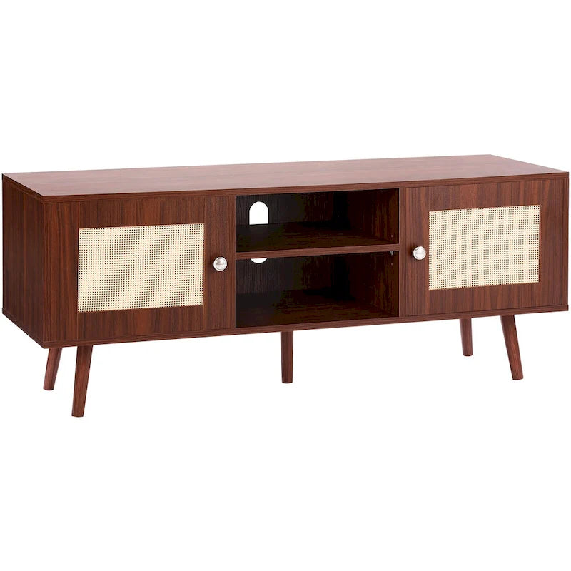 Rattan TV Stand, Mid Century Modern TV Stand, Boho Rattan TV Cabinet with Build-in Socket and USB Ports, Adjustable Shelfs