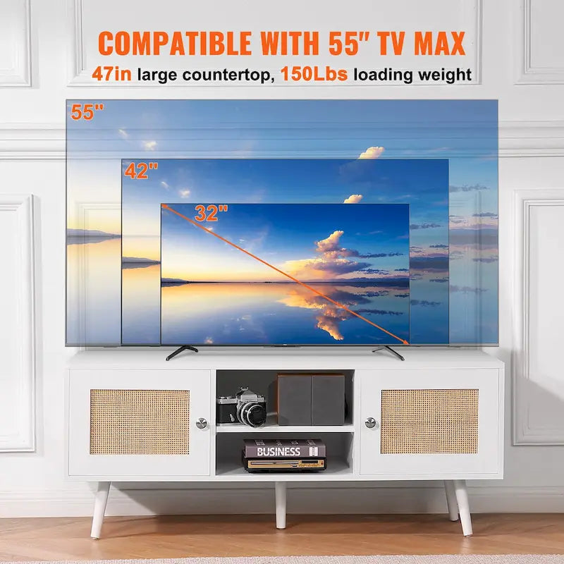 Rattan TV Stand, Mid Century Modern TV Stand, Boho Rattan TV Cabinet with Build-in Socket and USB Ports, Adjustable Shelfs