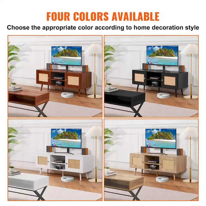 Rattan TV Stand, Mid Century Modern TV Stand, Boho Rattan TV Cabinet with Build-in Socket and USB Ports, Adjustable Shelfs