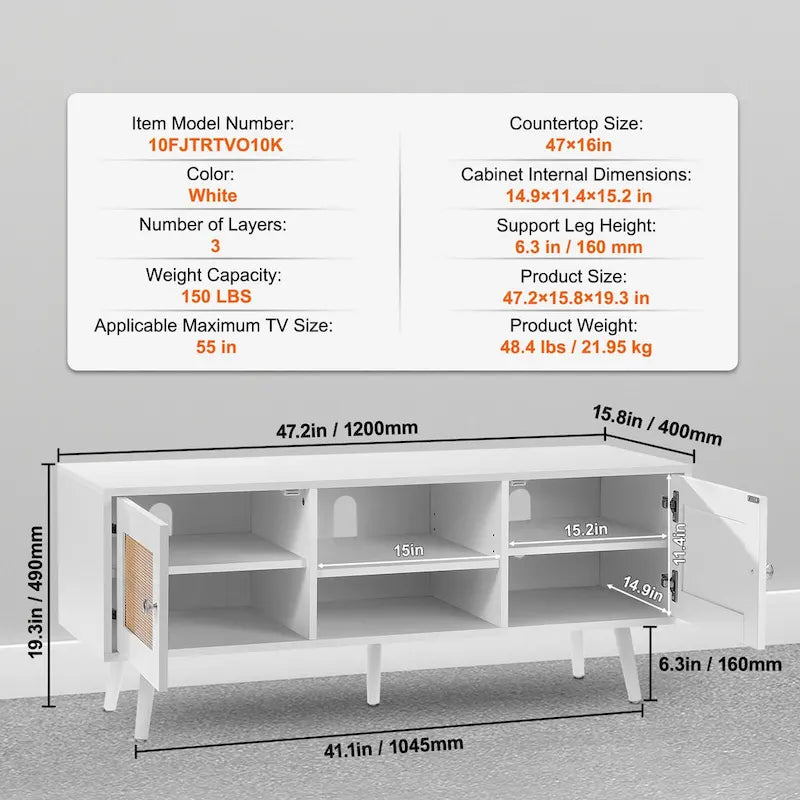Rattan TV Stand, Mid Century Modern TV Stand, Boho Rattan TV Cabinet with Build-in Socket and USB Ports, Adjustable Shelfs
