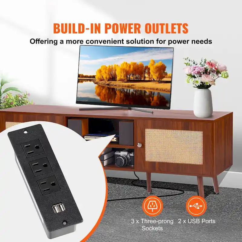 Rattan TV Stand, Mid Century Modern TV Stand, Boho Rattan TV Cabinet with Build-in Socket and USB Ports, Adjustable Shelfs