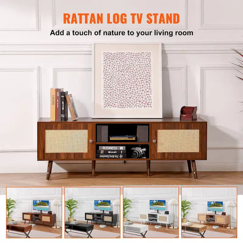 Rattan TV Stand, Mid Century Modern TV Stand, Boho Rattan TV Cabinet with Build-in Socket and USB Ports, Adjustable Shelfs