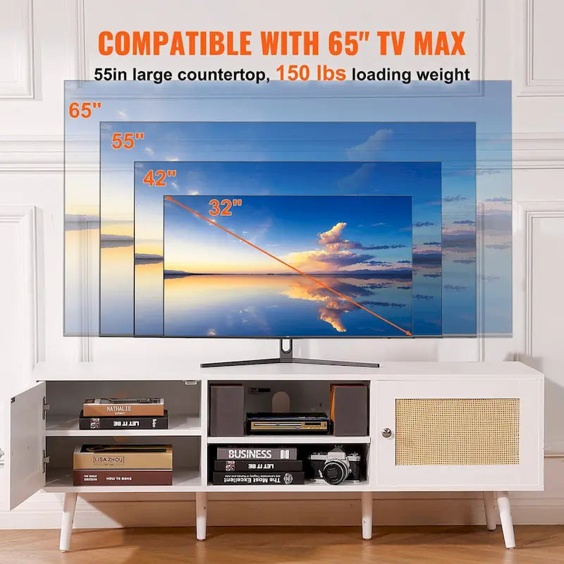 Rattan TV Stand, Mid Century Modern TV Stand, Boho Rattan TV Cabinet with Build-in Socket and USB Ports, Adjustable Shelfs