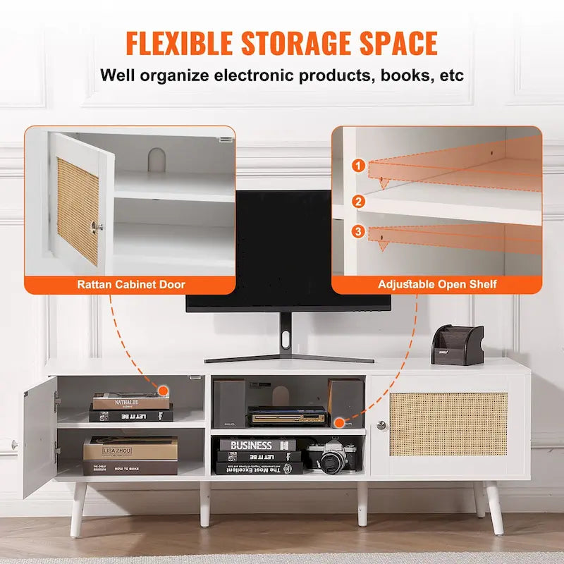 Rattan TV Stand, Mid Century Modern TV Stand, Boho Rattan TV Cabinet with Build-in Socket and USB Ports, Adjustable Shelfs