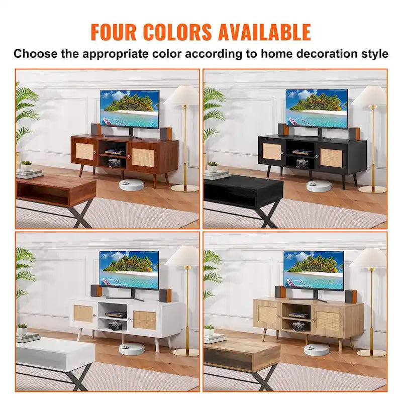 Rattan TV Stand, Mid Century Modern TV Stand, Boho Rattan TV Cabinet with Build-in Socket and USB Ports, Adjustable Shelfs