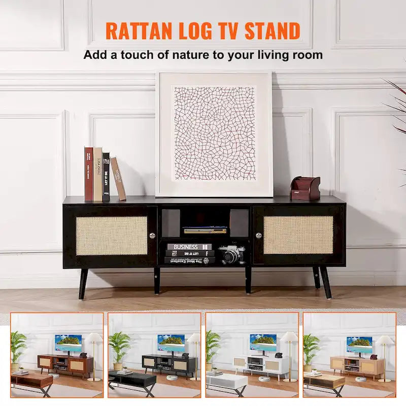 Rattan TV Stand, Mid Century Modern TV Stand, Boho Rattan TV Cabinet with Build-in Socket and USB Ports, Adjustable Shelfs