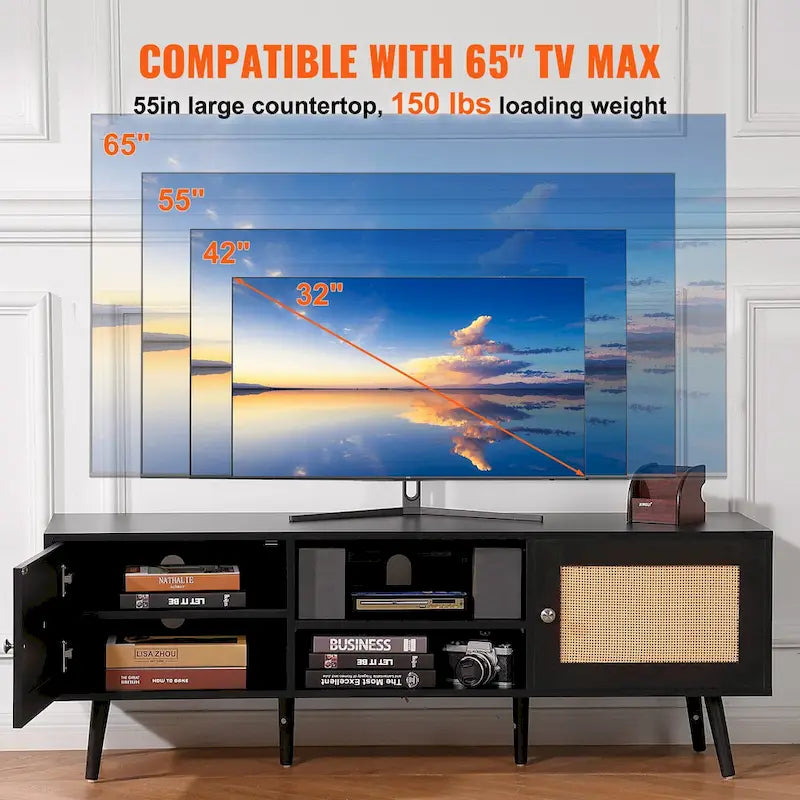 Rattan TV Stand, Mid Century Modern TV Stand, Boho Rattan TV Cabinet with Build-in Socket and USB Ports, Adjustable Shelfs