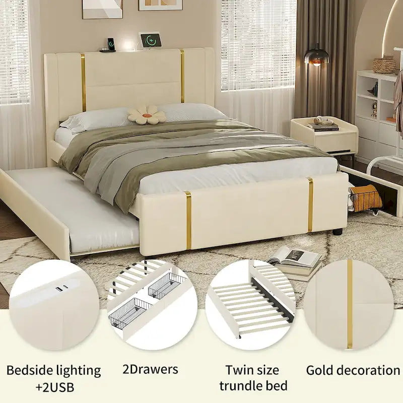 Queen Size Upholstered Bed with Trundle and 2 Drawers Beige Velvet Platform Bed with USB Charger Night Light
