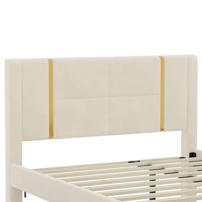 Queen Size Upholstered Bed with Trundle and 2 Drawers Beige Velvet Platform Bed with USB Charger Night Light