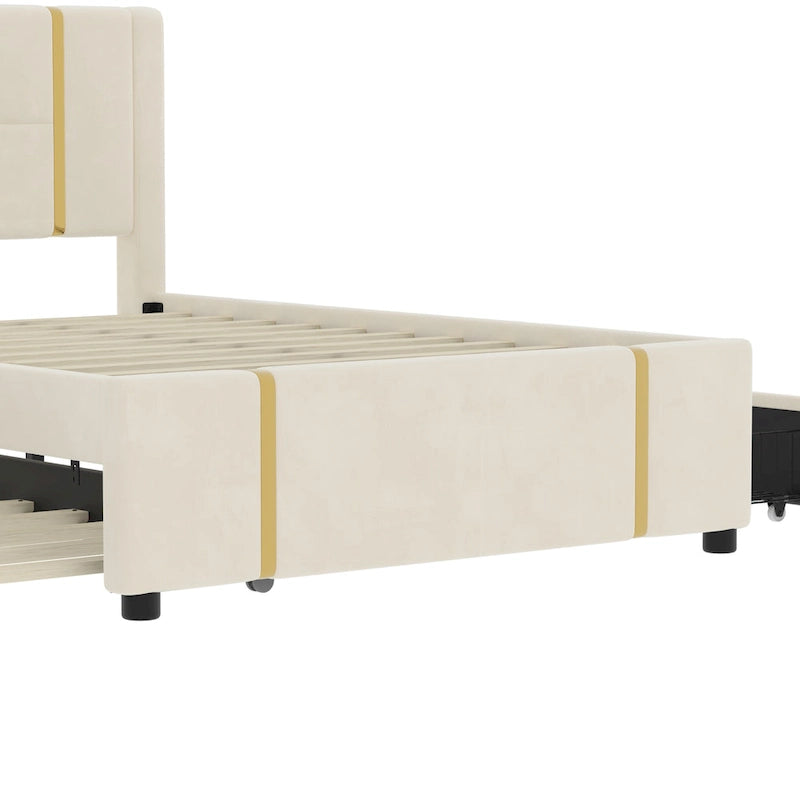 Queen Size Upholstered Bed with Trundle and 2 Drawers Beige Velvet Platform Bed with USB Charger Night Light