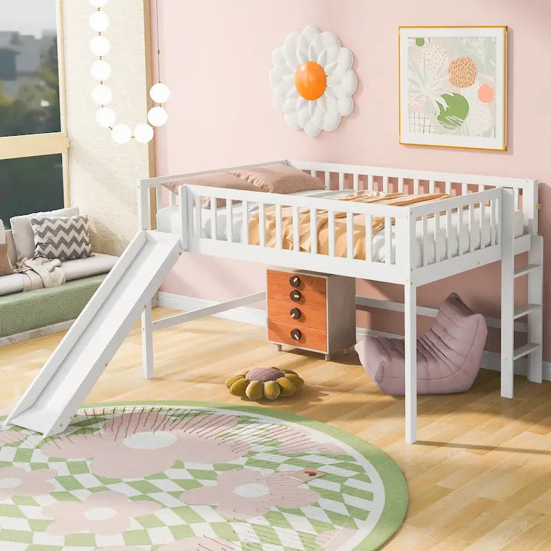 Full Size Low Loft Bed with Ladder and Removable Slide