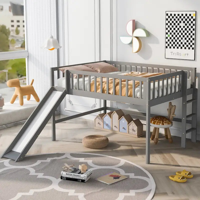 Full Size Low Loft Bed with Ladder and Removable Slide