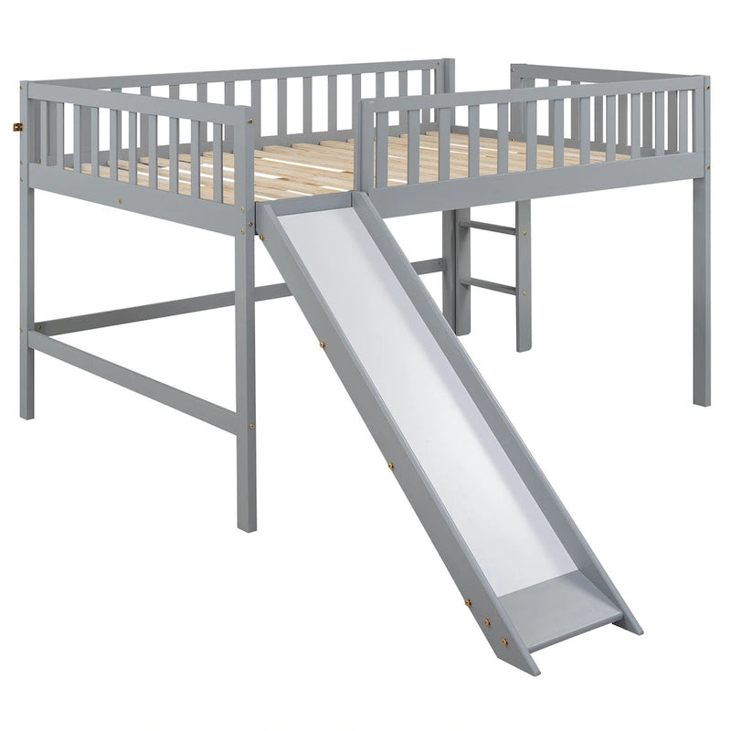 Full Size Low Loft Bed with Ladder and Removable Slide