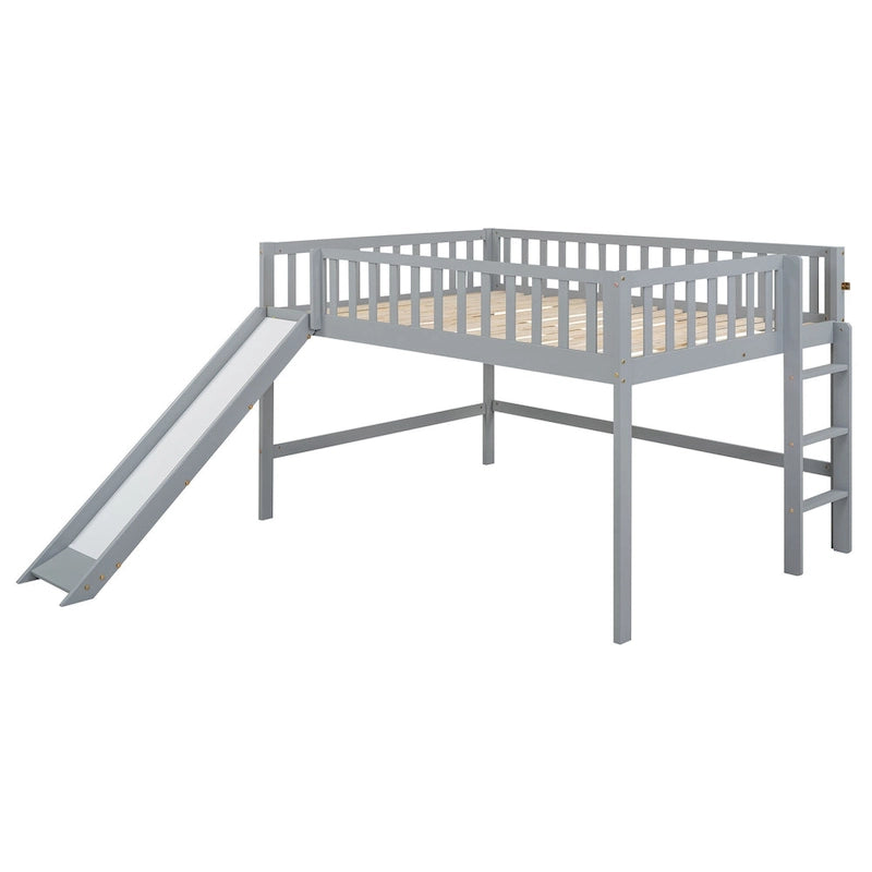 Full Size Low Loft Bed with Ladder and Removable Slide