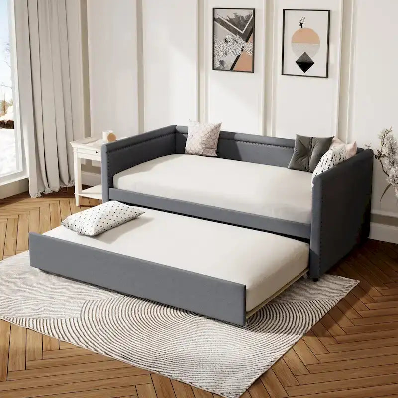 Roomfitters Twin Size Upholstered Daybed, Modern Trundle Bed, Compact Guest or Study Room