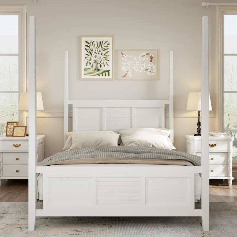 Roomfitters King Size Poster Bed, Solid Wood Frame, Horizontal Grille Design, White
