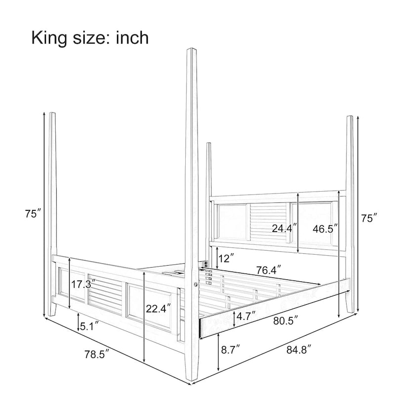 Roomfitters King Size Poster Bed, Solid Wood Frame, Horizontal Grille Design, White