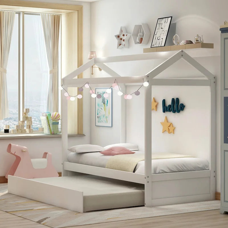 Wooden Twin Size House Bed with Trundle, Pull-Out Trundle