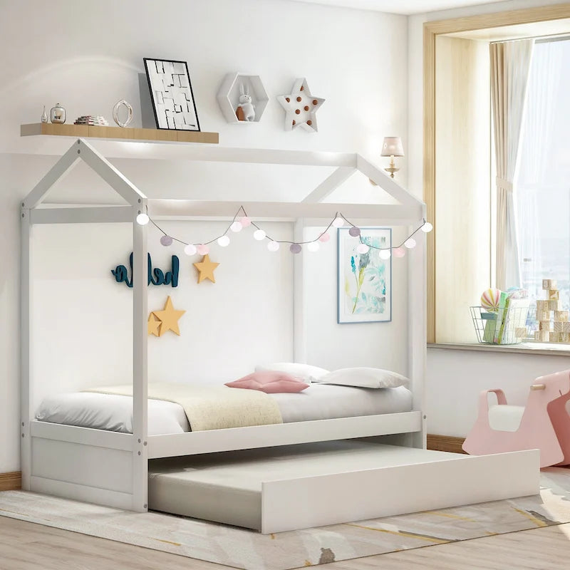 Wooden Twin Size House Bed with Trundle, Pull-Out Trundle