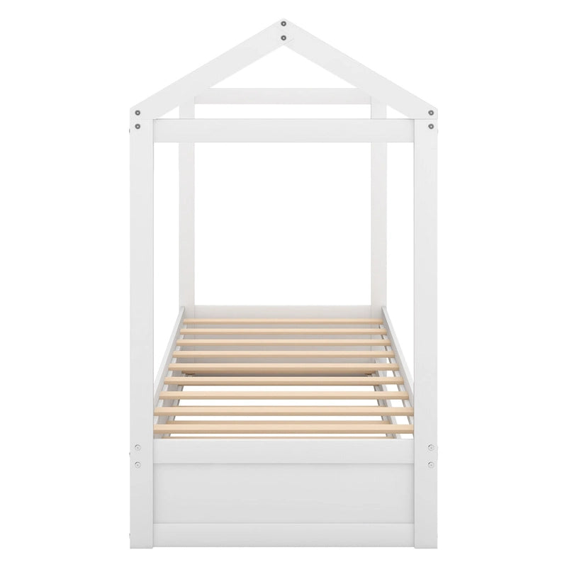 Wooden Twin Size House Bed with Trundle, Pull-Out Trundle
