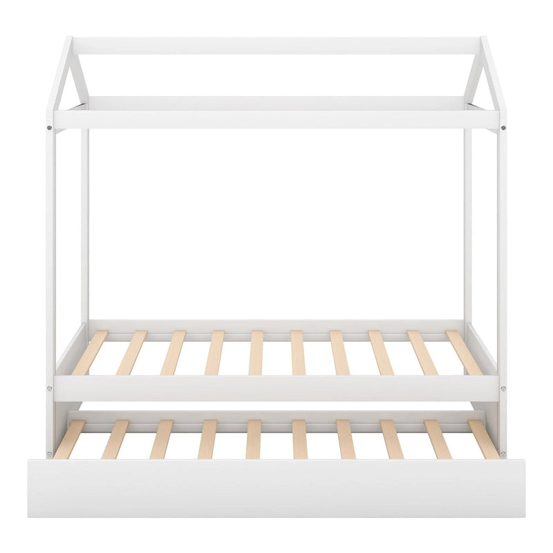 Wooden Twin Size House Bed with Trundle, Pull-Out Trundle