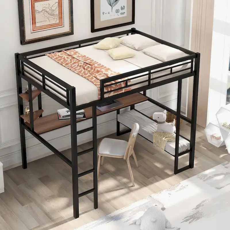Full Size Loft Metal & MDF Bed with Long Desk and Shelves