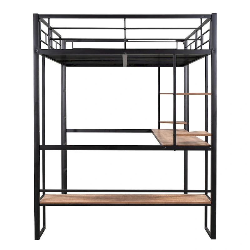 Full Size Loft Metal & MDF Bed with Long Desk and Shelves
