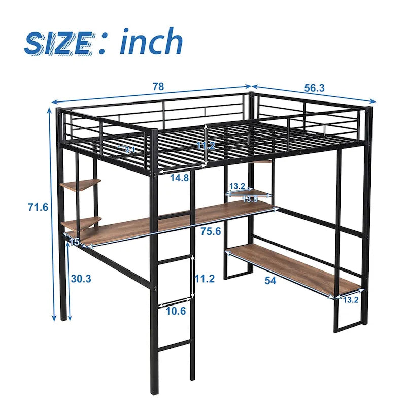 Full Size Loft Metal & MDF Bed with Long Desk and Shelves